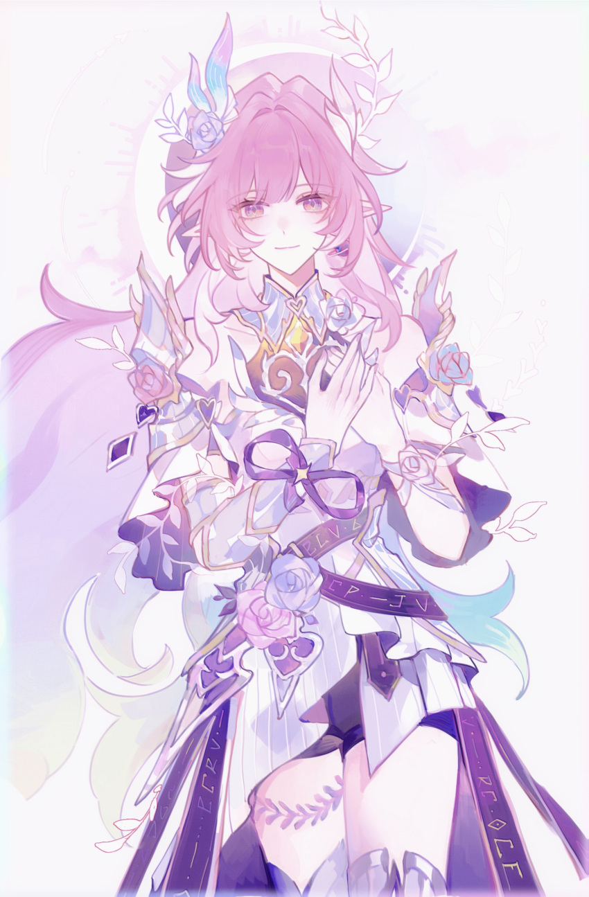 1girl, absurdres, argenti_(honkai:_star_rail), argenti_(honkai:_star_rail)_(cosplay), arm_armor, armor, bare_shoulders, black_shorts, blue_flower, closed_mouth, cosplay, cowboy_shot, cyrene_(demiurge)_(honkai:_star_rail), cyrene_(honkai:_star_rail), dress, dress_flower, earrings, fingernails, flower, green_hair, hair_flower, hair_intakes, hair_ornament, hands_on_own_chest, highres, honkai:_star_rail, honkai_(series), jewelry, long_hair, looking_at_viewer, multicolored_hair, nail_polish, pink_flower, pink_hair, pink_nails, planet_earrings, plant, pointy_ears, purple_ribbon, ribbon, shorts, smile, solo, standing, vambraces, very_long_hair, vines, violet_eyes, white_dress, white_hair, wrist_ribbon, yiwujiu