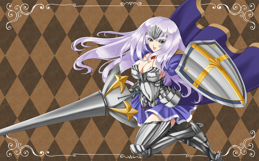 annelotte, argyle, argyle_background, armor, armored_dress, blue_eyes, boots, breasts