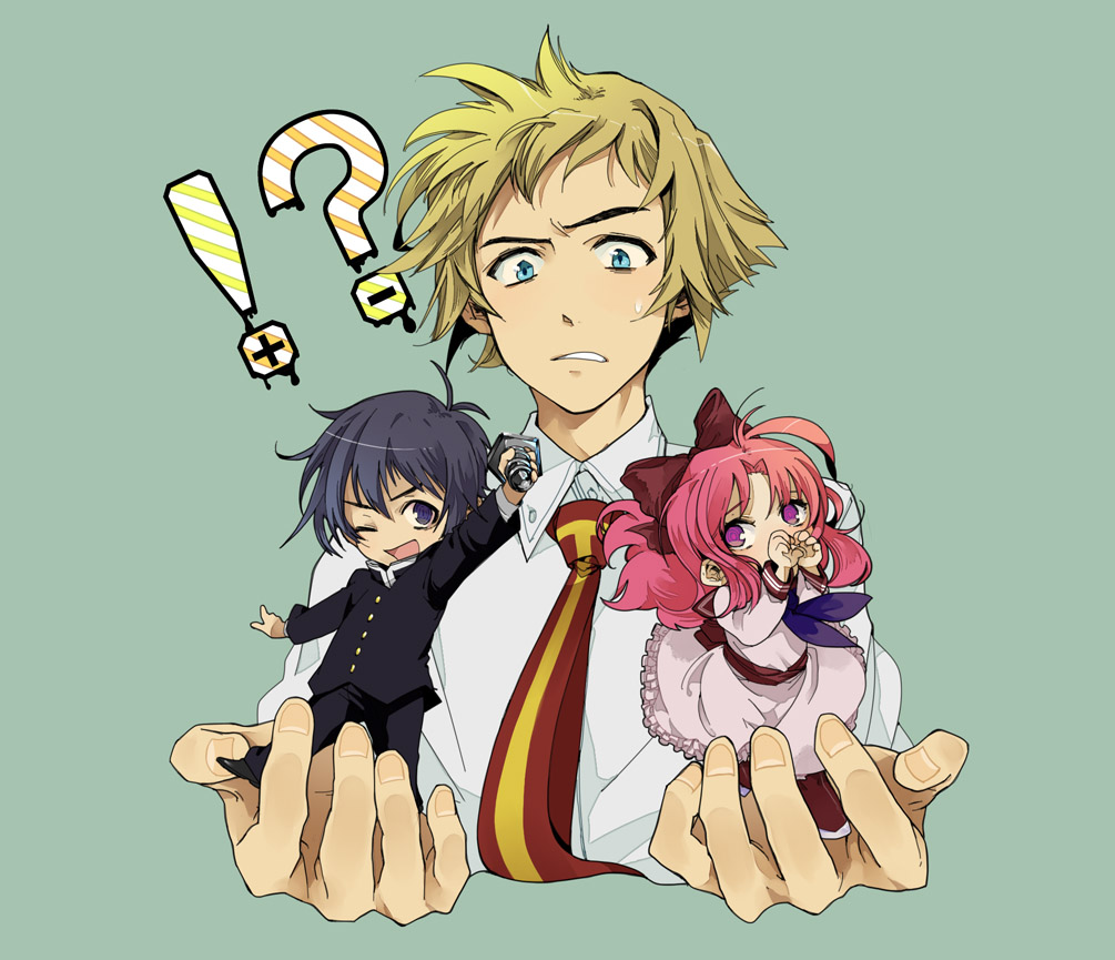 blonde_hair, blue_eyes, chibi, emukae_mukae, face, foreshortening, hands, hitoyoshi_zenkichi, kumagawa_misogi, medaka_box, miniboy, minigirl, okuni_ken, pink_eyes, pink_hair, screw, sweatdrop