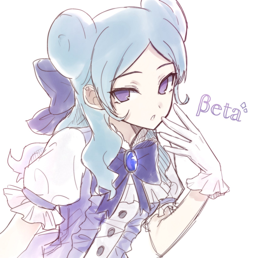 1girl, beta_(inazuma_eleven), blue_gem, blue_hair, bow, bowtie, brooch, character_name