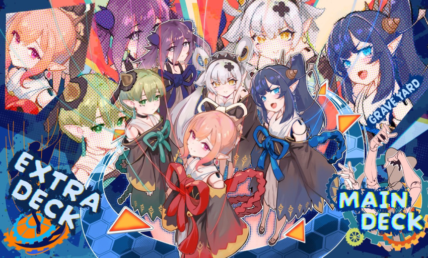 5girls, blue_eyes, blue_hair, border, bow, circlekos, commentary_request, duel_monster