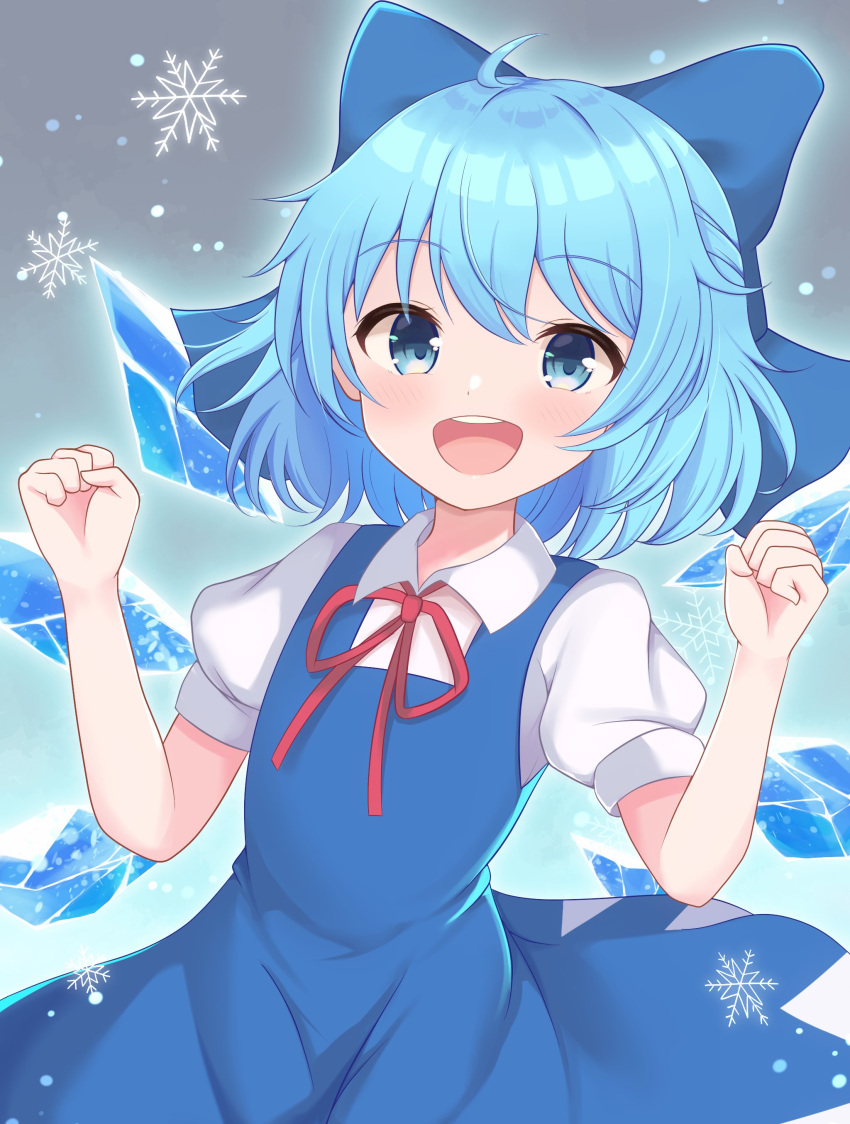 1girl, :d, absurdres, ahoge, blue_bow, blue_dress, blue_eyes, blue_hair
