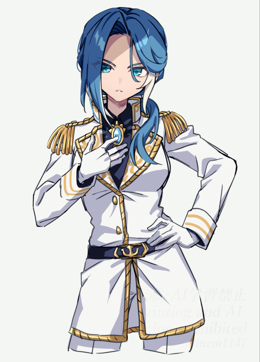 1girl, aqua_eyes, belt, black_belt, blue_gem, blue_hair, breasts, brooch