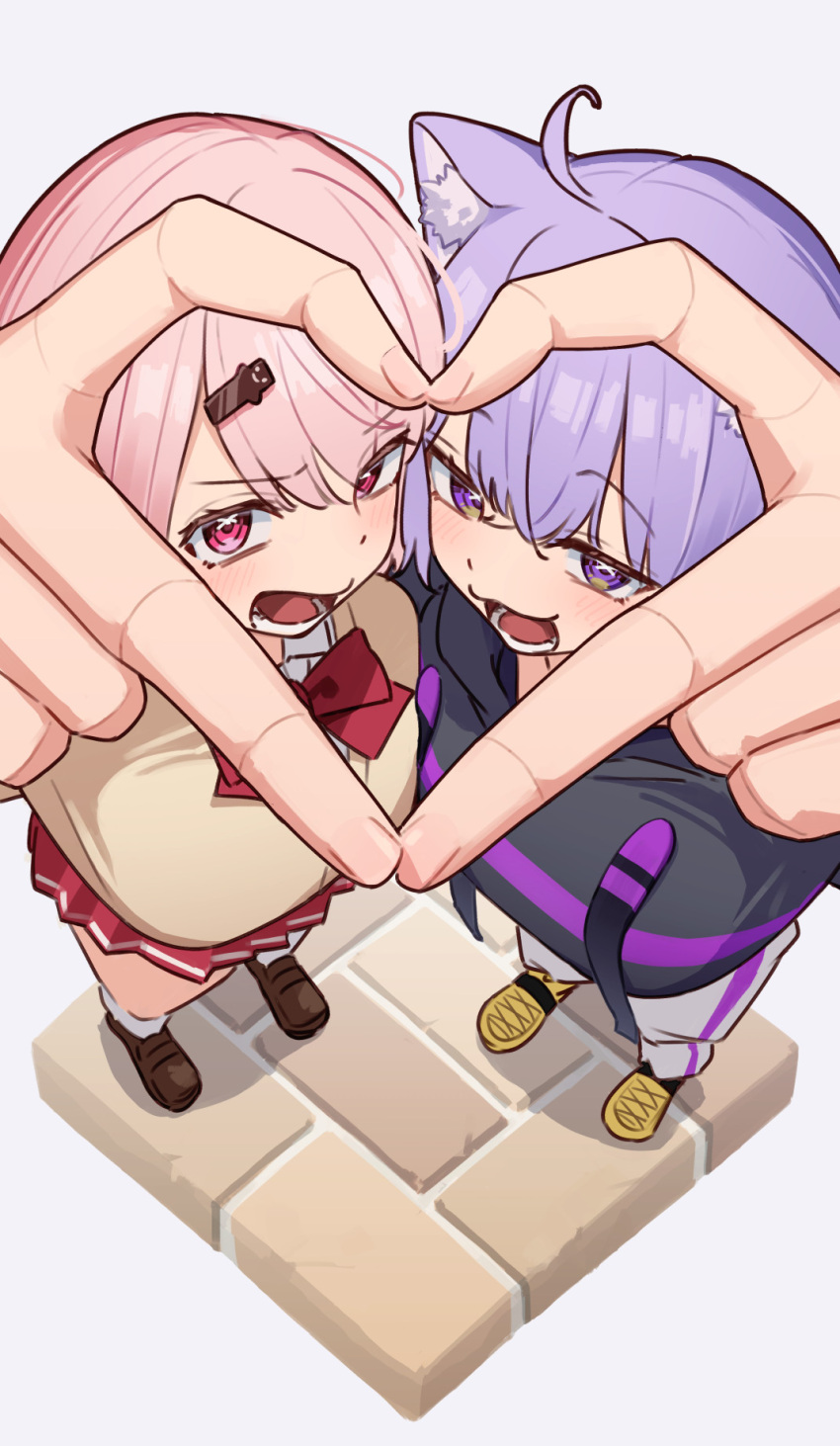 2girls, ahoge, animal_ears, black_hoodie, blush, bow, bowtie, brown_shoes