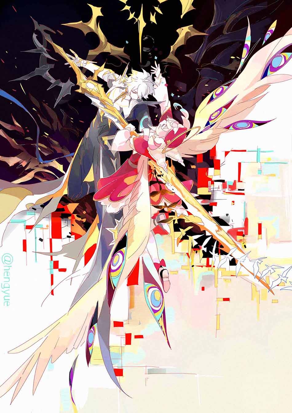 1boy, 1girl, aqua_hair, asymmetrical_wings, black_pants, black_shirt, blonde_hair, blood