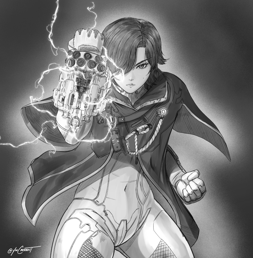1girl, absurdres, arm_up, asymmetrical_bangs, bodysuit, bracelet, cloak, cowboy_shot