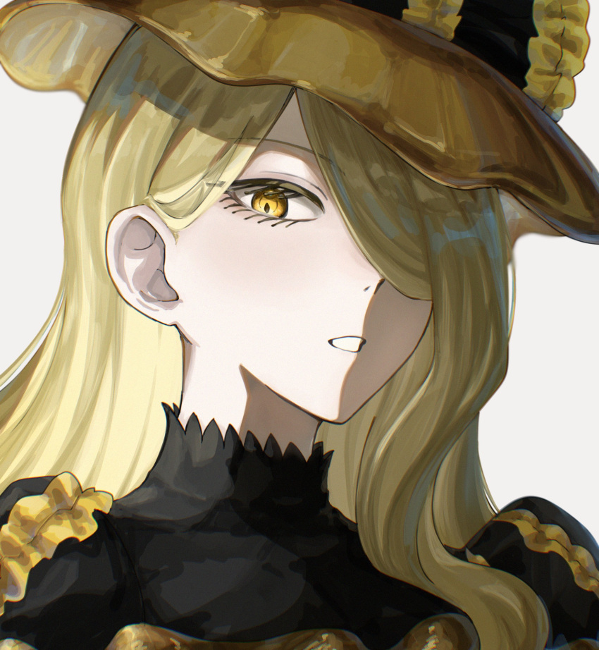 absurdres, blonde_hair, commentary_request, dress, hair_over_one_eye, hat, highres, long_hair