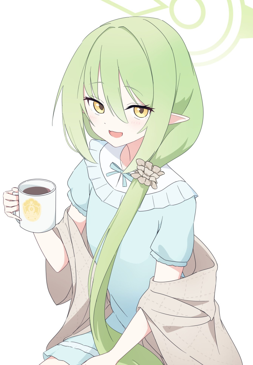 1girl, blue_archive, blue_dress, blue_pajamas, cup, dress, green_hair, green_halo