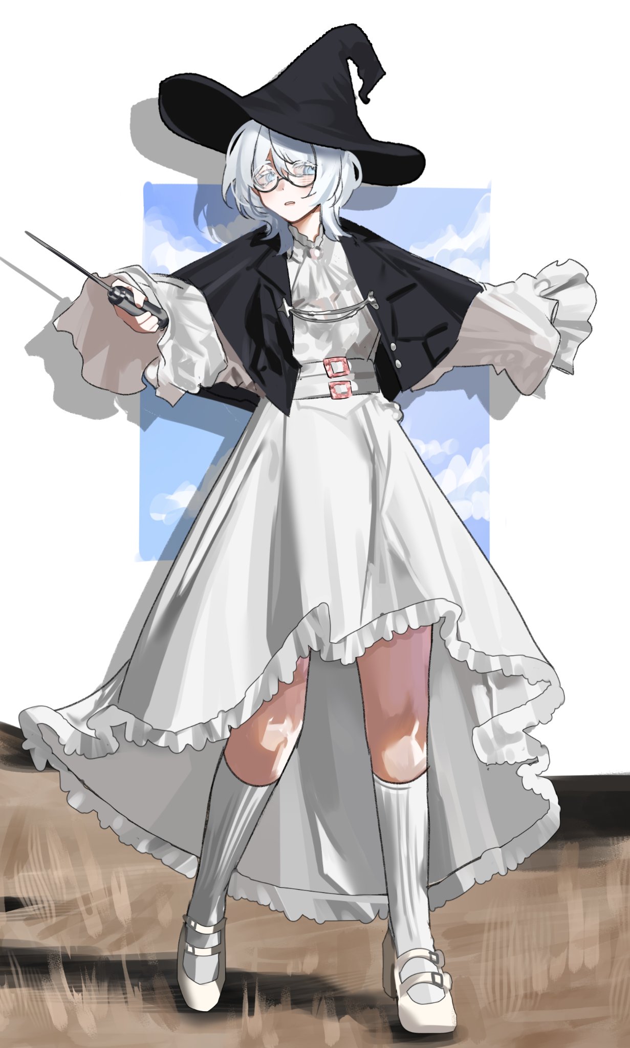 1girl, ascot, belt, black_capelet, black_hat, blue_eyes, blue_sky, blush