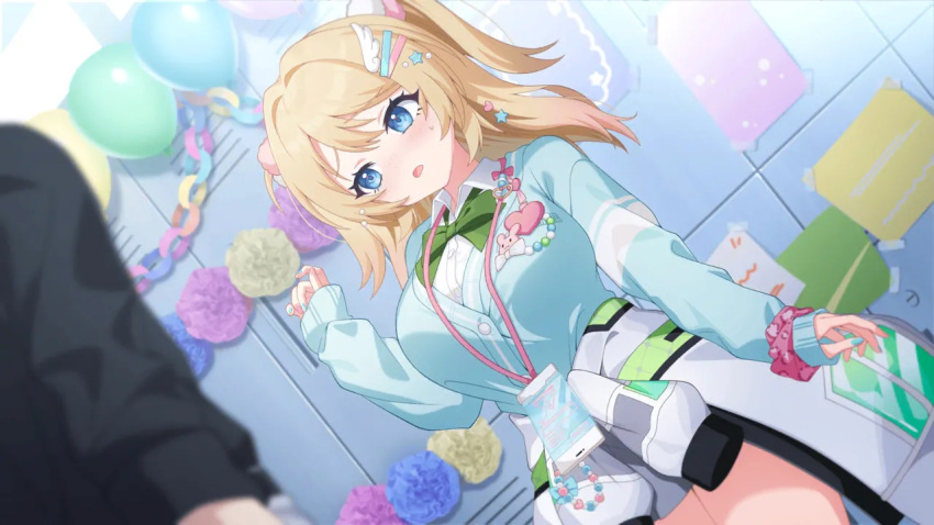 1boy, 1girl, aqua_nails, aqua_sweater_vest, artist_request, balloon, black_shirt, blonde_hair