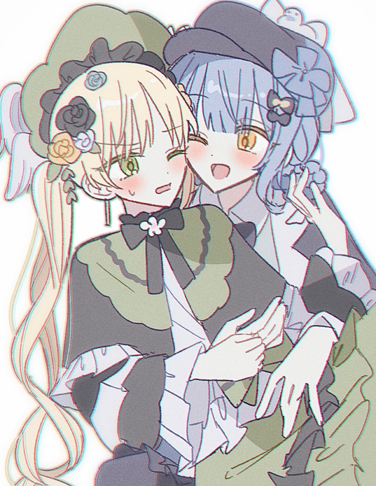 2girls, bird_hat_ornament, black_bow, black_bowtie, black_capelet, black_flower, black_hat, black_rose, blonde_hair, blue_hair, blue_necktie, bonnet, bow, bow_flower, bowtie, braid, braided_hair_rings, capelet, collared_shirt, deerstalker, dress, eh_1315, flower, flower-trimmed_dress, flower-trimmed_skirt, frilled_dress, frilled_skirt, frilled_sleeves, frills, green_bonnet, green_eyes, grey_vest, hair_bow, hair_flower, hair_ornament, hair_rings, hat, hat_ribbon, highres, lolita_fashion, long_hair, long_sleeves, mahou_shoujo_no_majo_saiban, multiple_girls, necktie, one_eye_closed, open_mouth, pleated_capelet, ribbon, rose, shirt, short_hair, simple_background, skirt, tachibana_sherry, tono_hanna, twintails, vest, white_background, white_flower, white_rose, white_shirt, wide_sleeves, winged_hat, yellow_eyes, yellow_flower, yellow_rose