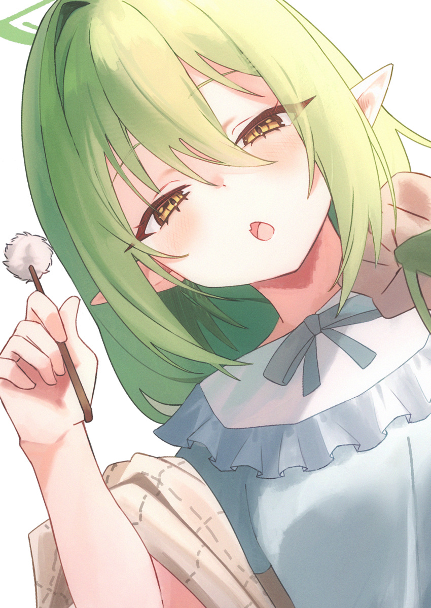 1girl, absurdres, blue_archive, commentary, ear_cleaning, from_below, green_hair, green_halo