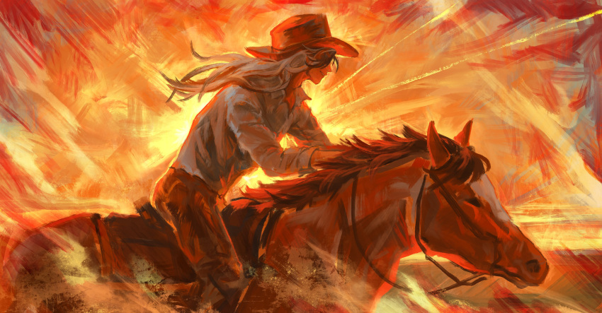 1boy, absurdres, animal, black_hair, boothill_(honkai:_star_rail), brown_pants, collared_shirt, commentary, cowboy, cowboy_hat, english_commentary, floating_hair, from_side, grey_hair, hat, highres, honkai:_star_rail, honkai_(series), horse, horseback_riding, lon_sleeves, long_hair, male_focus, milksiey, multicolored_hair, open_collar, orange_theme, pants, reins, riding, saddle, shirt, solo, white_shirt