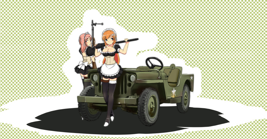 bar1918, bipod, breasts, cleavage, copyright_request, frills, garters, gun, hair_ornament, hair_ribbon, high_heels, highres, holster, hu_sea, jeep, m1918_bar, m1919, machine_gun, maid, maid_headdress, military, military_vehicle, motor_vehicle, polka_dot, polka_dot_background, ribbon, thigh-highs, thighhighs, vehicle, weapon, zettai_ryouiki