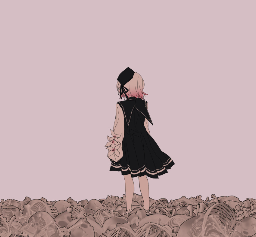 1girl, beret, black_coat, black_hat, black_shoes, coat, collared_coat, commentary, flower, flower-trimmed_sleeves, frilled_socks, frills, from_behind, gradient_hair, hair_flower, hair_ornament, hat, hat_flower, hat_ribbon, highres, kq94469, long_sleeves, mahou_shoujo_no_majo_saiban, multicolored_hair, pile_of_skeletons, pink_hair, puffy_sleeves, ribbon, sakuraba_ema, shirt, shoes, short_hair, simple_background, sleeveless, sleeveless_coat, socks, solo, spoilers, standing, untranslatable_commentary, white_background, white_flower, white_hair, white_shirt, white_sleeves, white_socks