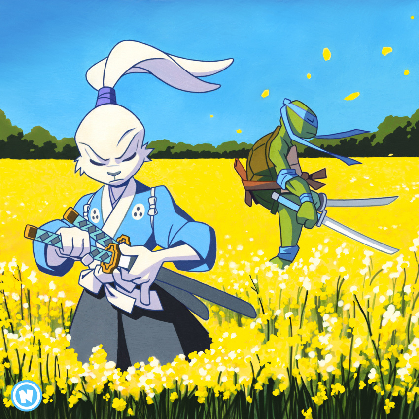 2boys, absurdres, animal_ears, blue_sky, closed_eyes, colored_skin, crossover, day