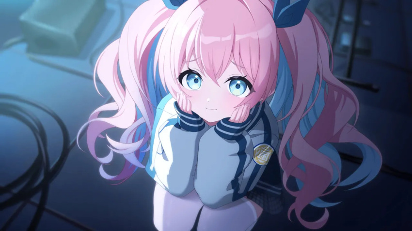 1girl, artist_request, blue_bow, blue_eyes, blue_hair, blue_jacket, bow, closed_mouth