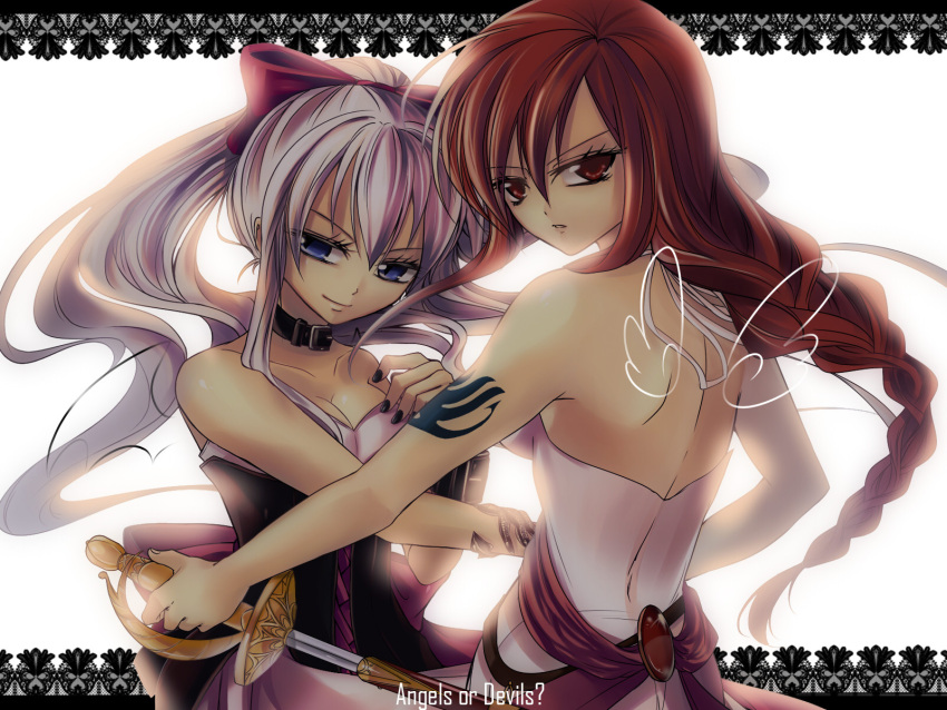 achiba, angel_wings, bare_shoulders, bat_wings, blue_eyes, breasts, cleavage, erza_scarlet