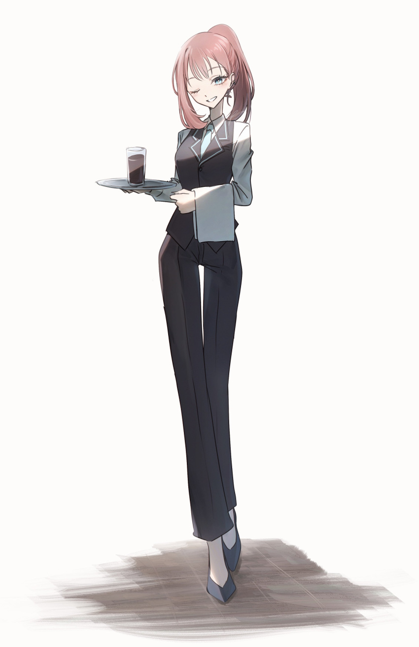 1girl, absurdres, ayatsumugi_roka, black_pants, black_shoes, black_vest, blue_eyes, cho_kaguya-hime!