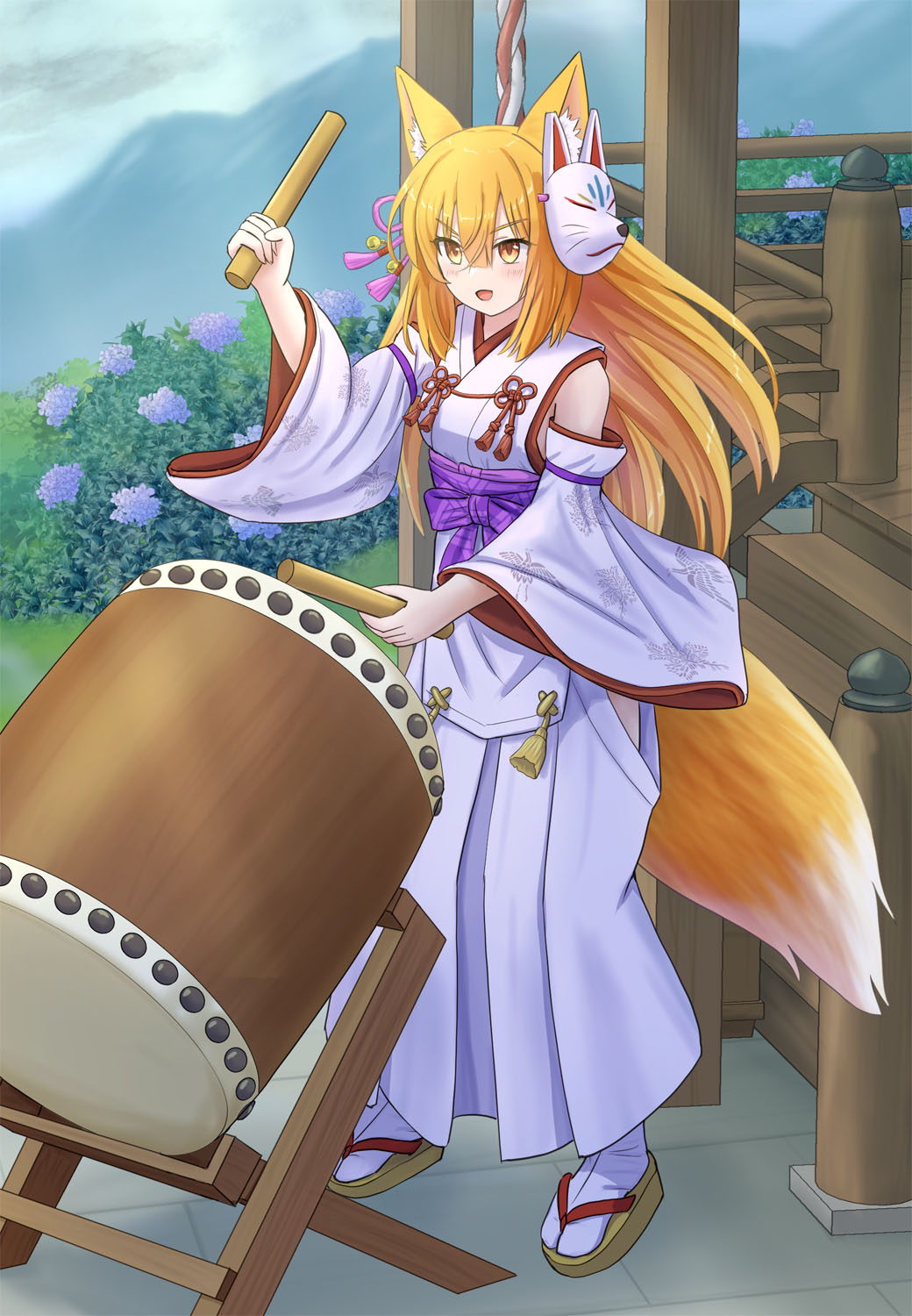 1girl, :d, animal_ear_fluff, animal_ears, bare_shoulders, blonde_hair, blue_flower, blush