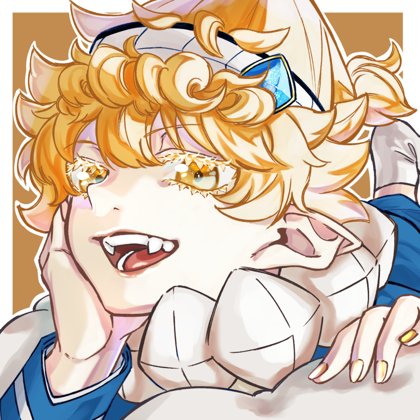 1boy, :d, agares_picero, babyls_school_uniform, blonde_hair, curly_hair, hand_on_own_cheek, hand_on_own_face