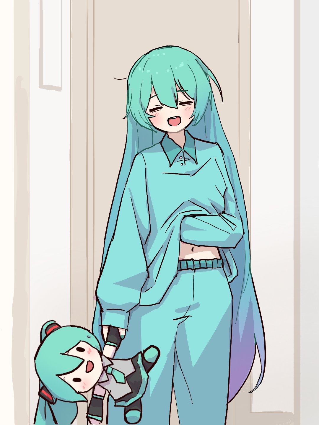 1girl, alternate_hairstyle, aqua_hair, aqua_nails, blue_pajamas, blue_pants, blue_shirt, blush