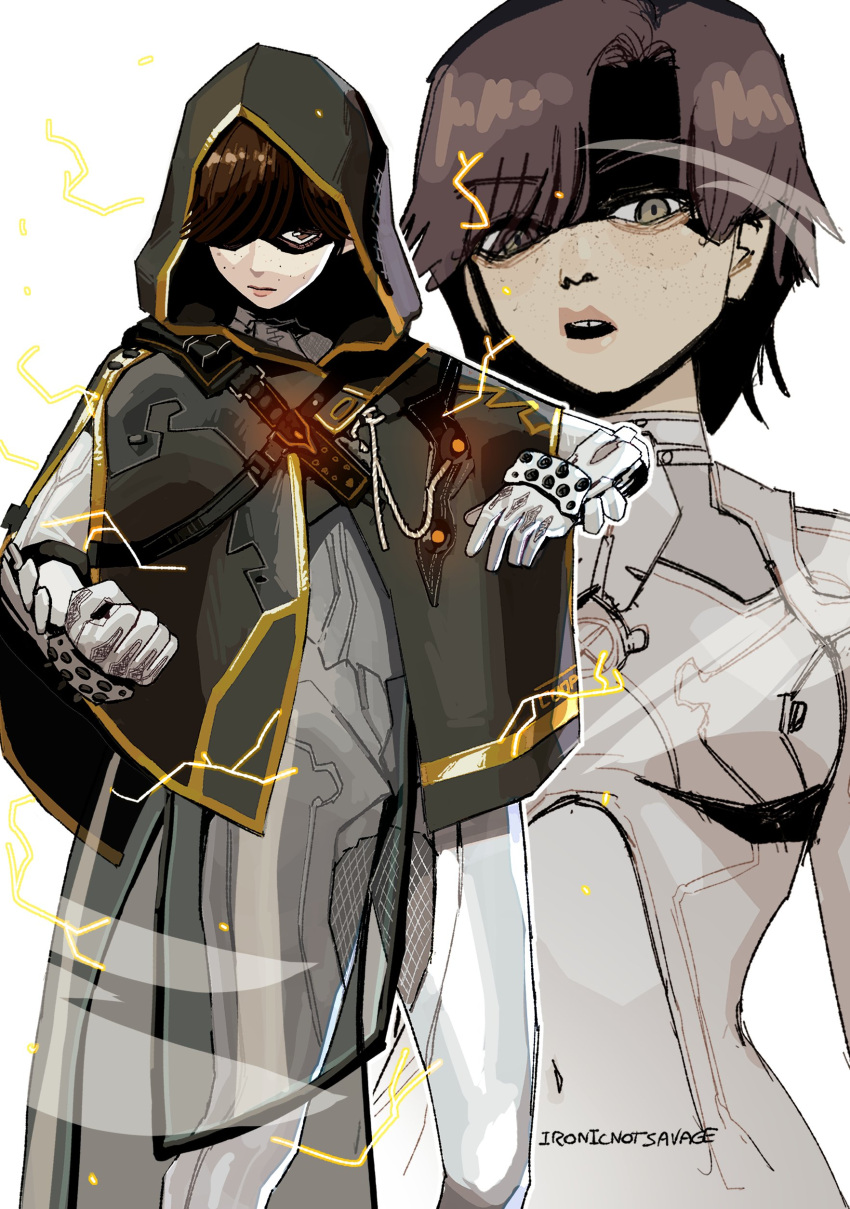 1girl, absurdres, bodysuit, brown_eyes, brown_hair, evie_(stellar_blade), fighting_stance, hair_over_one_eye