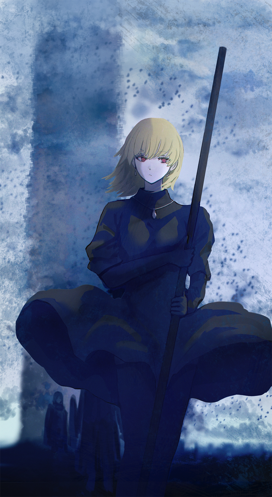 1girl, 2boys, black_dress, black_gloves, black_pantyhose, blonde_hair, clouds, cloudy_sky