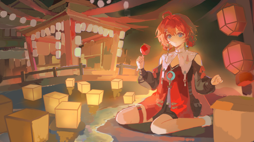 1girl, absurdres, ahoge, architecture, black_bodysuit, bodysuit, candy_apple, chinese_commentary