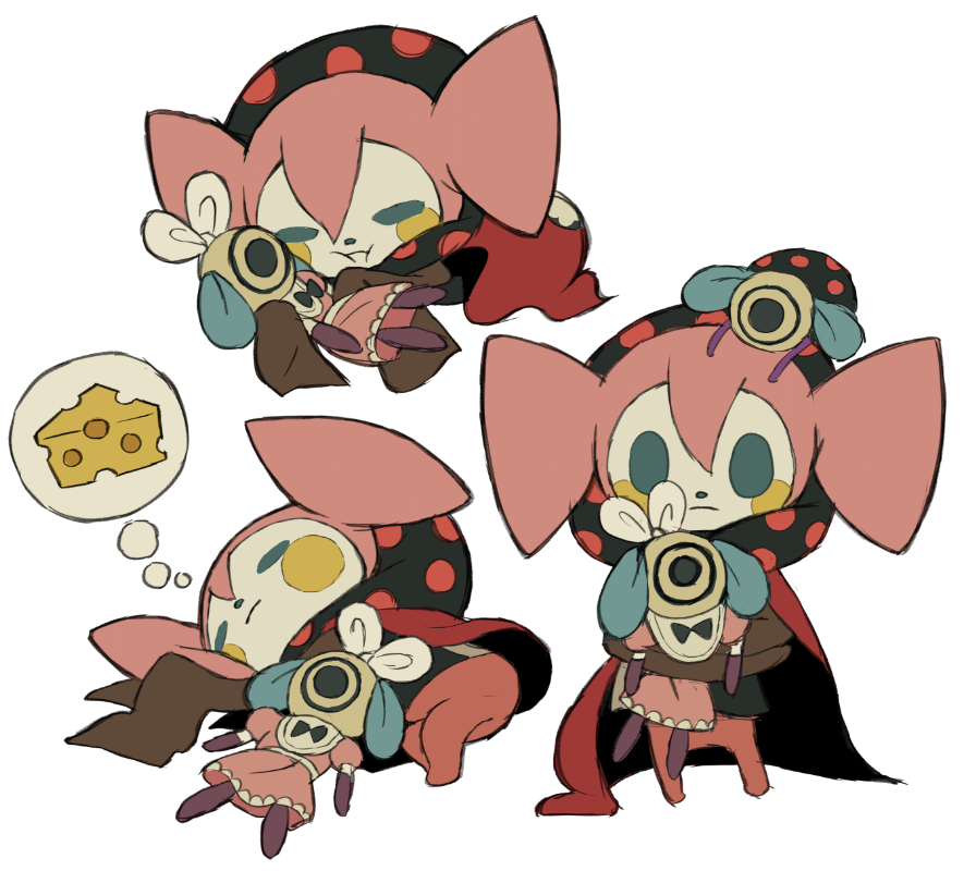 1girl, :i, aqua_eyes, aqua_nose, black_cape, blush, blush_stickers, bow, brown_sleeves, cape, charlotte_(madoka_magica), cheese, closed_mouth, colinarmis, colored_blush, commentary, creature, creature_focus, creature_on_head, doll, dreaming, english_commentary, expressionless, familiar_(madoka_magica), food, full_body, hair_between_eyes, half-closed_eyes, head_bow, holding, holding_doll, hugging_doll, hugging_object, long_sleeves, looking_at_viewer, mahou_shoujo_madoka_magica, mahou_shoujo_madoka_magica_(anime), multiple_views, no_humans, pink_hair, polka_dot, pyotr_(madoka_magica), red_cape, simple_background, sleeping, sleeves_past_fingers, sleeves_past_wrists, solid_oval_eyes, speech_bubble, standing, thought_bubble, two-sided_cape, two-sided_fabric, two-tone_cape, white_background, white_bow, witch_(madoka_magica)