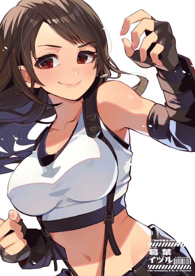 1girl, arm_up, black_hair, black_skirt, breasts, commentary_request, cowboy_shot, crop_top