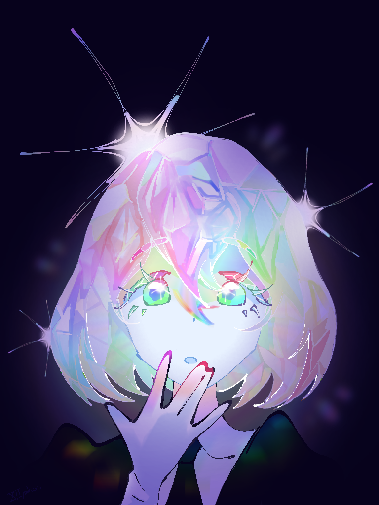 :o, covering_own_mouth, diamond_(houseki_no_kuni), hand_over_own_mouth, houseki_no_kuni, multicolored_eyes, multicolored_hair, necktie