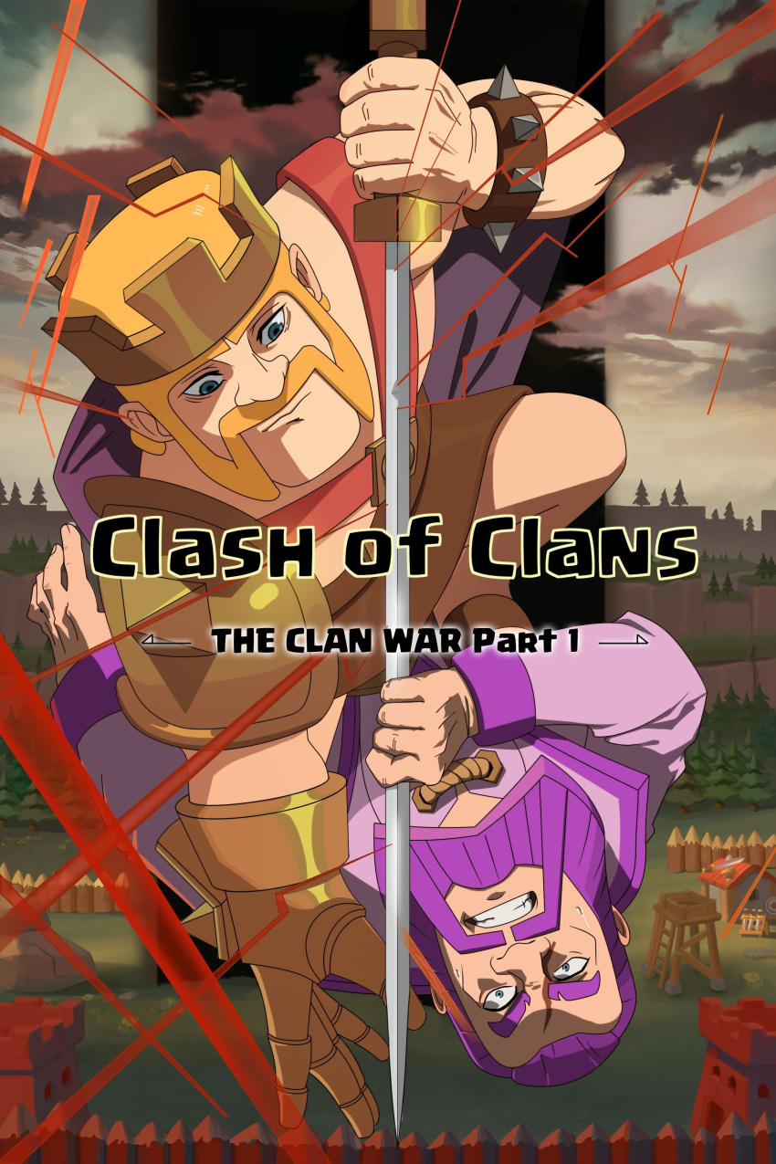 2boys, absurdres, animification, barbarian_king, beard, blue_eyes, bracelet, clash_of_clans