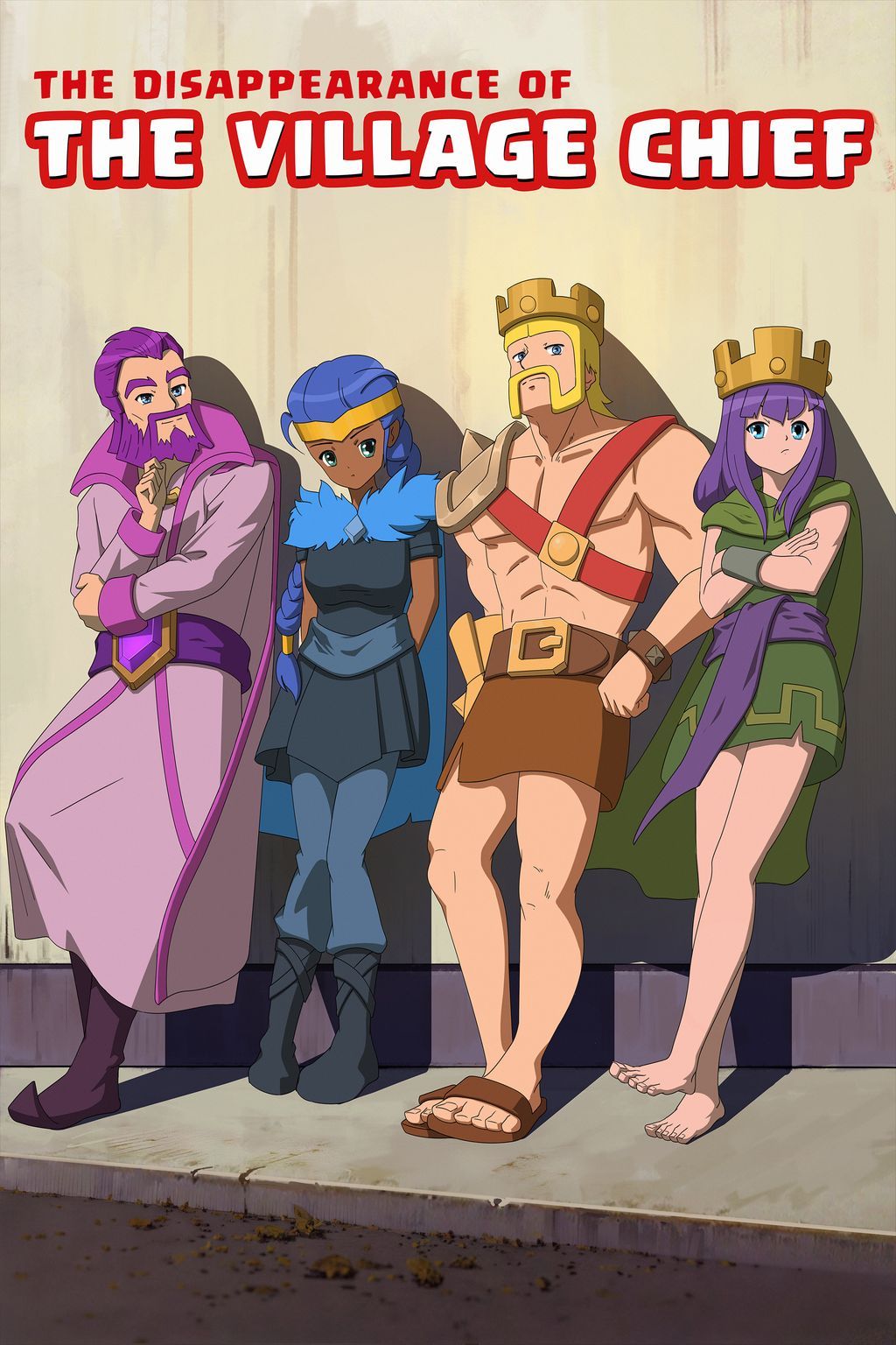2boys, 2girls, animification, archer_queen_(clash_of_clans), arms_behind_back, barbarian_king, barefoot, beard