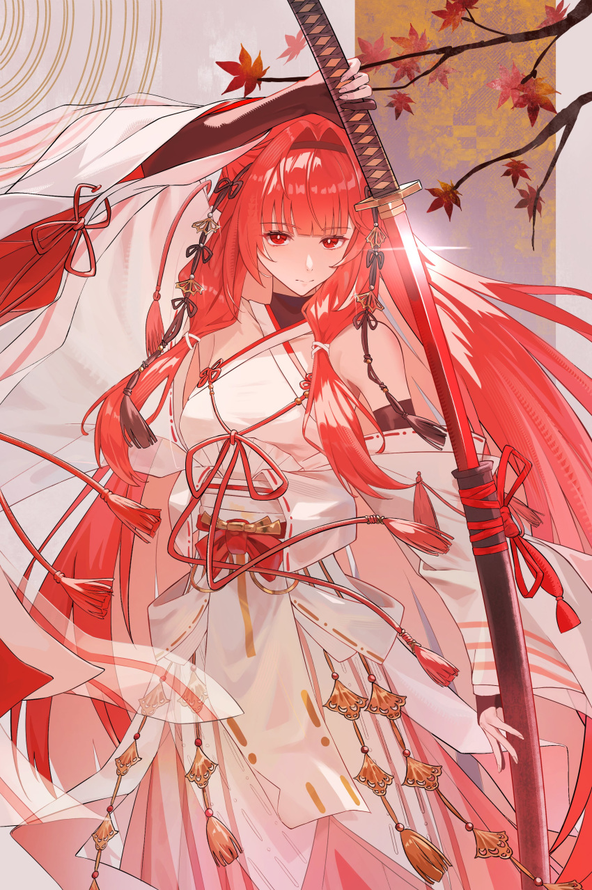 1girl, absurdres, arm_up, bare_shoulders, black_hairband, branch, closed_mouth, commentary_request
