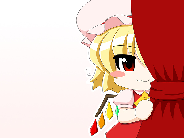 ascot, blonde_hair, blush_stickers, chibi, curtains, dress, flandre_scarlet, hat
