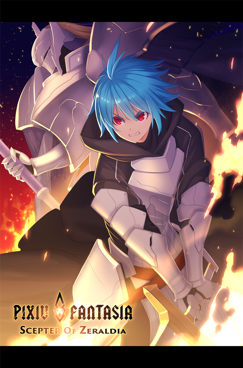 1boy, 1girl, armor, bail_orgas, blue_hair, clenched_teeth, copyright_name, fire