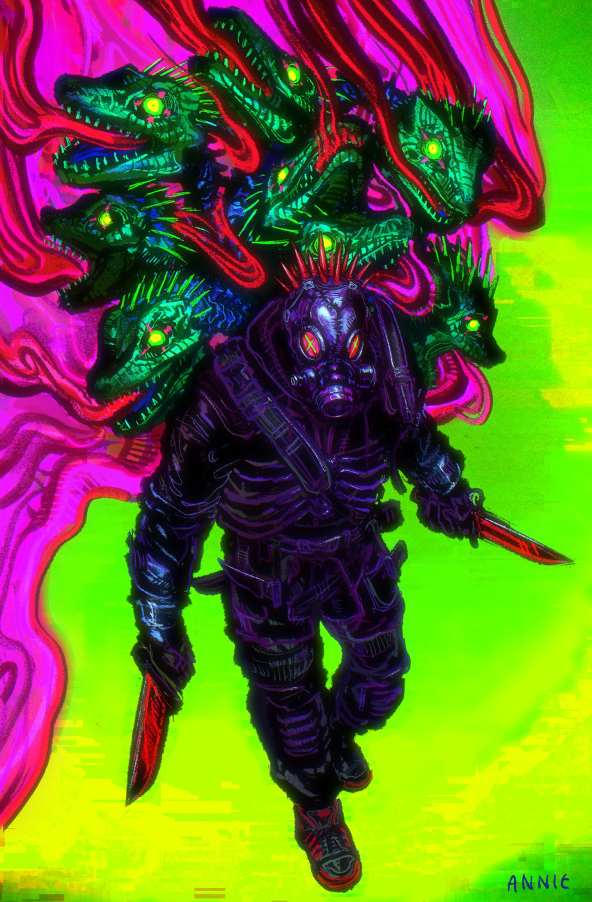 1boy, absurdres, animal_head, anniechromes, artist_name, black_jacket, black_mask, black_pants