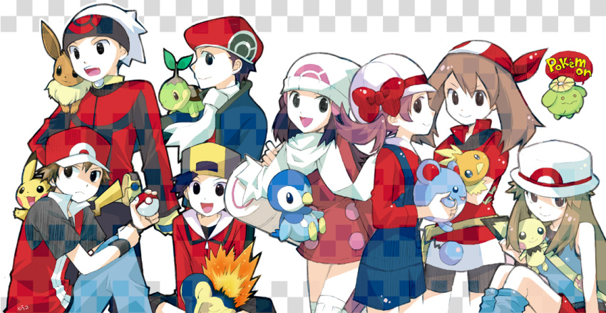 4boys, 4girls, alternate_costume, alternate_headwear, bandana, bandanna, beanie, blue_(pokemon)