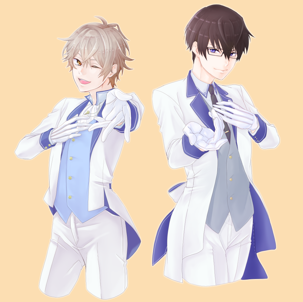 2boys, :d, ;d, akiyama_rentarou, antenna_hair, ascot, black_hair, black_necktie