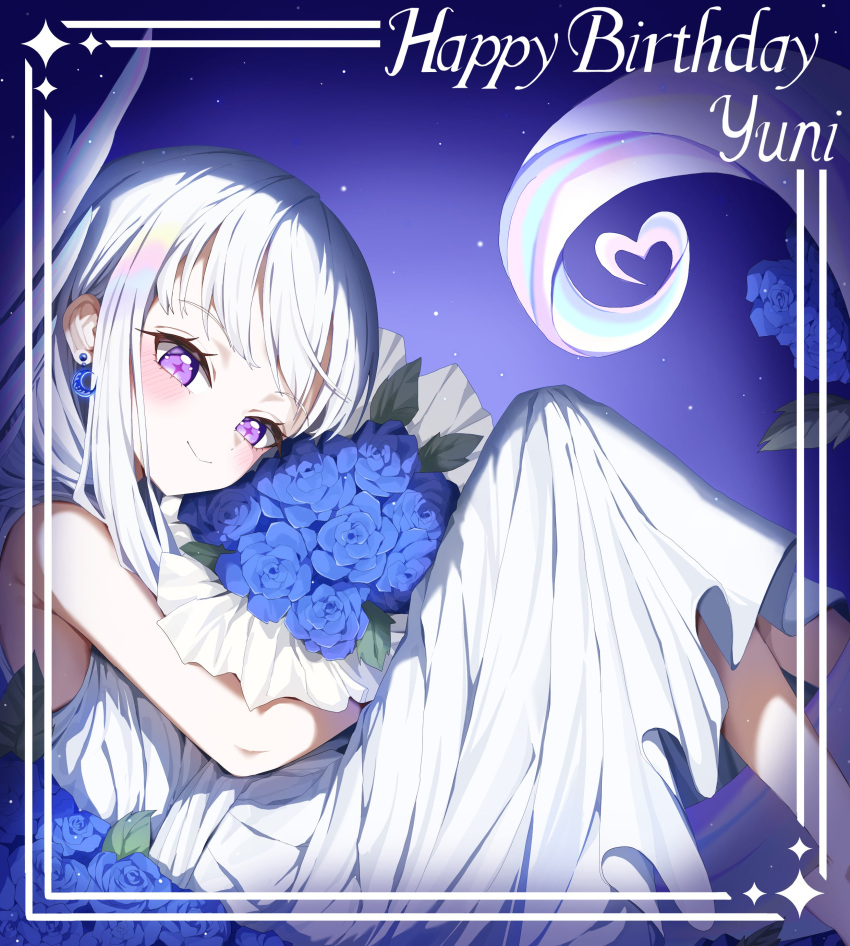 +_+, 1girl, absurdres, aoba_nene, ayatsuno_yuni, bare_arms, blue_flower, blue_rose
