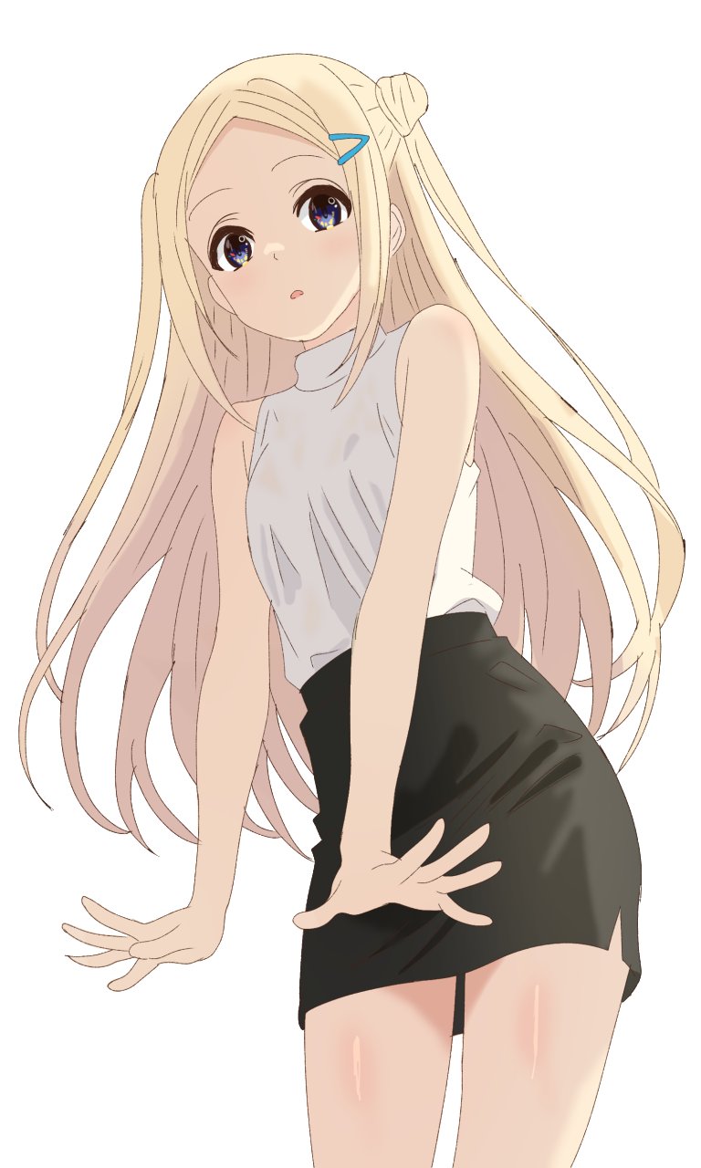 1girl, :o, bare_shoulders, black_skirt, blonde_hair, blue_eyes, breasts, cowboy_shot