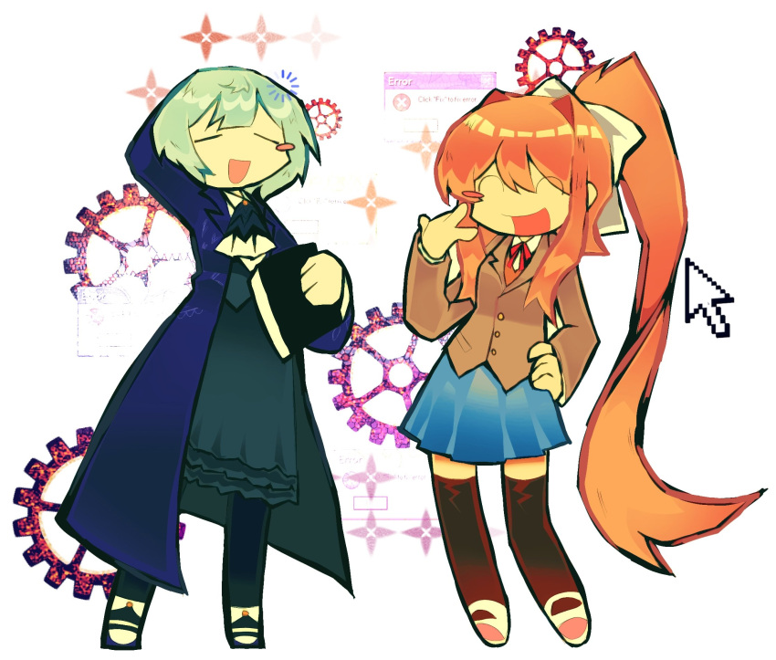 2girls, :d, ^_^, angela_(project_moon), ascot, black_ascot, black_skirt, black_thighhighs, black_vest, blazer, blue_coat, blue_hair, blue_skirt, blush_stickers, book, bow, brown_jacket, buffering, closed_eyes, coat, collared_shirt, commentary, crossover, cursor, doki_doki_literature_club, doki_doki_literature_club_school_uniform, english_commentary, frilled_skirt, frills, full_body, hair_bow, hair_intakes, highres, holding, holding_book, jacket, lapels, library_of_ruina, long_hair, long_sleeves, monika_(doki_doki_literature_club), multiple_girls, neck_ribbon, notched_lapels, open_clothes, open_coat, open_mouth, orange_hair, pleated_skirt, ponytail, project_moon, red_ribbon, ribbon, school_uniform, shirt, shoes, short_hair, sidelocks, simple_background, single_blush_sticker, skirt, smile, thigh-highs, tinytsukiyomi, very_long_hair, vest, white_background, white_bow, white_shirt, white_shoes, window_(computing), wing_collar