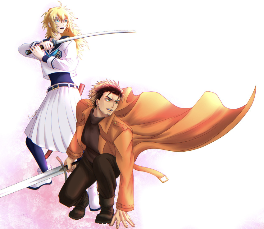 1boy, 1girl, artist_name, black_pants, black_pantyhose, black_shirt, blonde_hair, blue_eyes