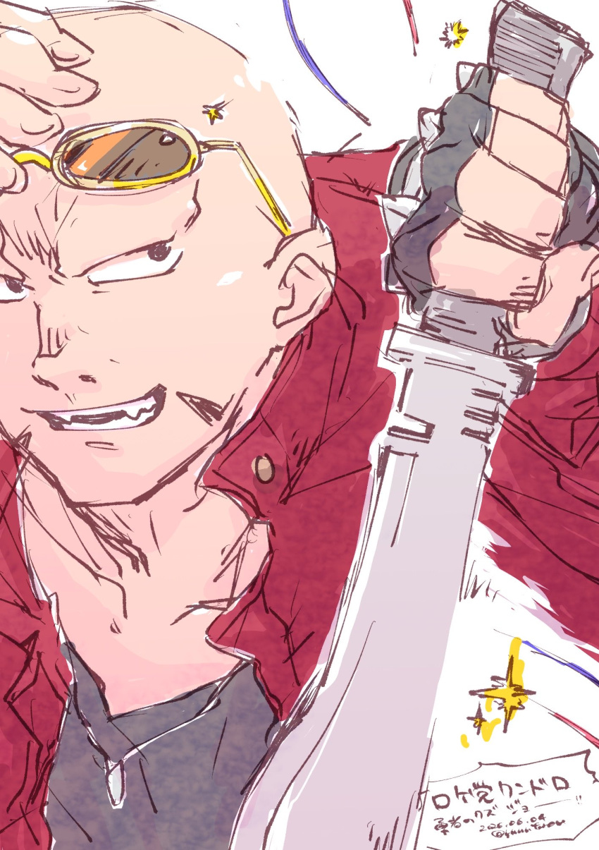 1boy, anger_vein, bald, black_eyes, black_gloves, black_shirt, coat, dated