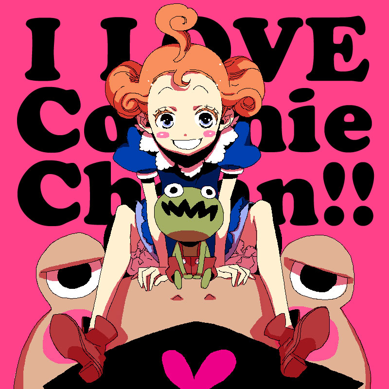 animal, ankle_boots, blue_dress, blue_eyes, blush_stickers, boots, child, colored_eyelashes, connie_(ponkickies), curly_hair, dress, frog, hirake!_ponkikki, hoshino_lily, huge_ahoge, legs, on_head, open_mouth, orange_hair, pink, puffy_sleeves, short_dress, smile