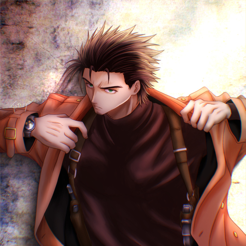 1boy, black_shirt, brown_hair, coat, commentary_request, facial_hair, goatee_stubble, green_eyes