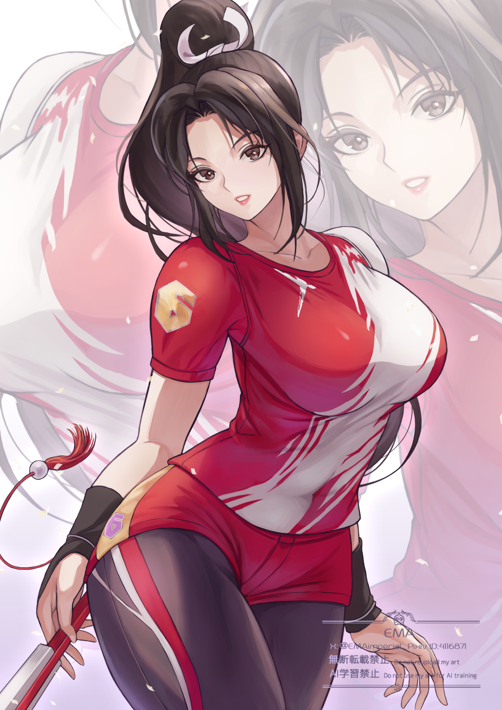 1girl, breasts, ema_(emaura), fatal_fury, folded_fan, folding_fan, hand_fan, high_ponytail, highres, holding, holding_fan, large_breasts, leggings_under_shorts, looking_at_viewer, motoyui, official_alternate_costume, ponytail, shiranui_mai, short_shorts, shorts, solo, street_fighter, street_fighter_6, wrist_guards
