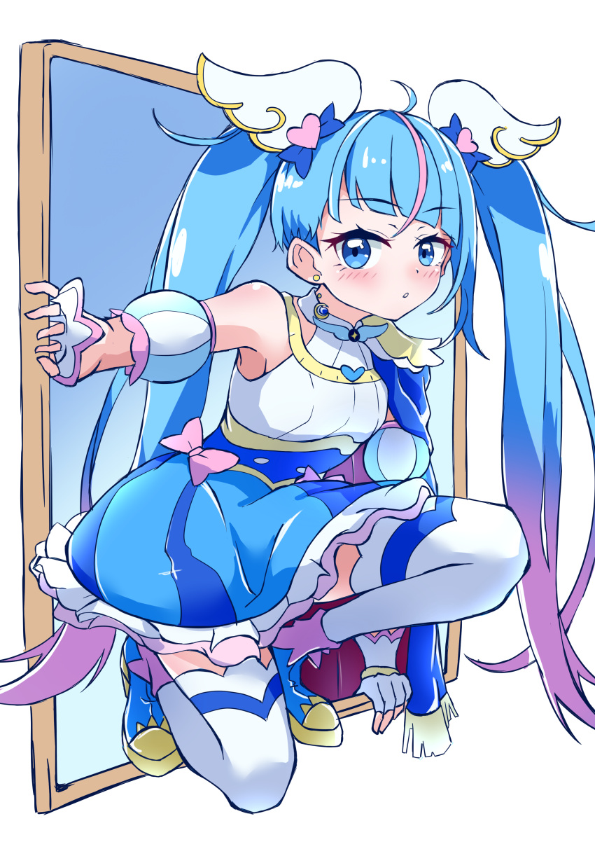 1girl, :o, absurdres, ankle_boots, blue_boots, blue_cape, blue_dress, blue_eyes