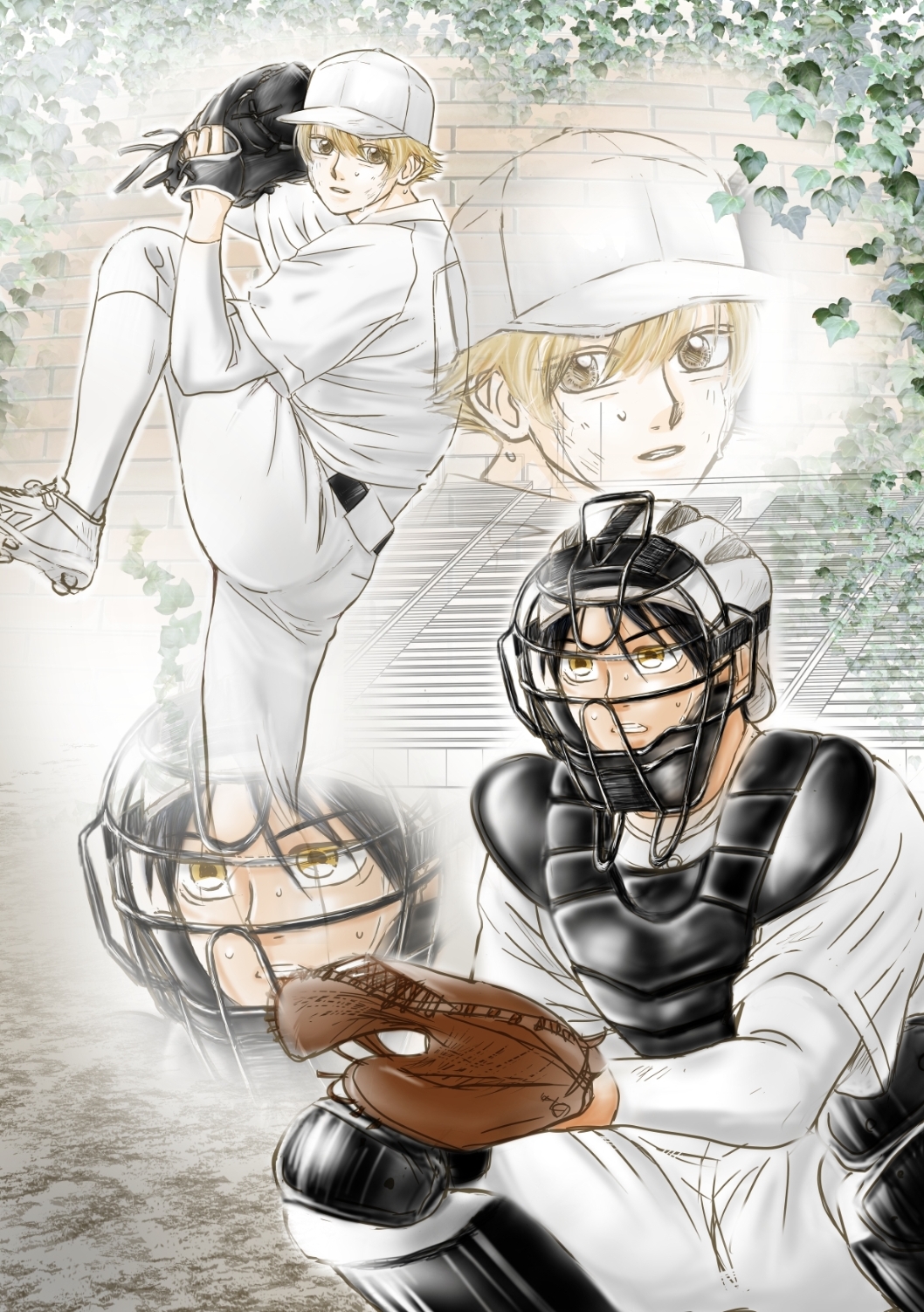 2boys, ayasegawa_jirou, ball, baseball_(object), baseball_(sport), baseball_mitt, black_hair, blonde_hair